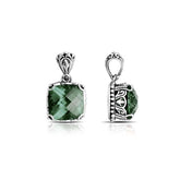 Sterling silver pendant with soft green cushion-cut amethyst quartz, Balinese handcrafted with scroll and beadwork.